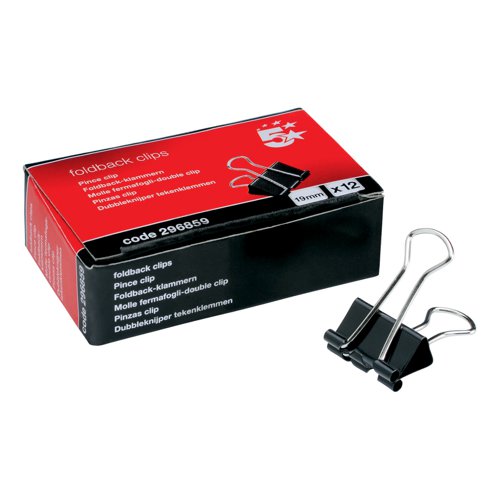 5 STAR OFFICE FOLDBACK CLIPS 19MM BLACK (PACK OF 12)