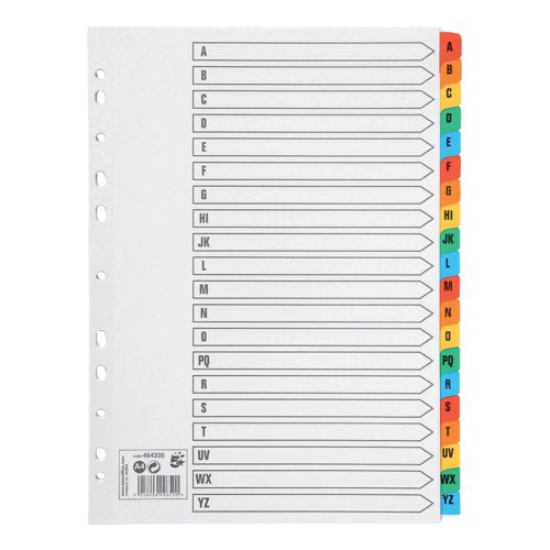 5 STAR OFFICE INDEX A-Z 20-PART MULTIPUNCHED MYLAR-REINFORCED MULTICOLOUR TABS 160GSM A4 WHITE