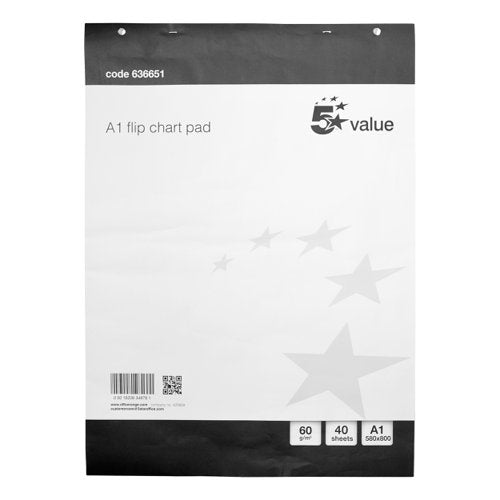 5 STAR VALUE FLIPCHART PAD PERFORATED 40 SHEETS A1 (PACK OF 5)