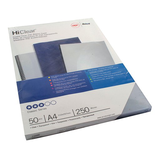 GBC HICLEAR A4 BINDING COVER 250 MICRON CLEAR (PACK OF 50) 41605E