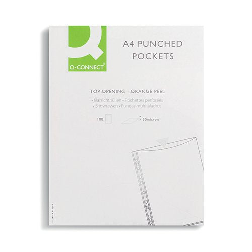 Q-CONNECT PUNCHED POCKETS POLYPROPYLENE 50 MICRON A4 EMBOSSED (100 PACK) KF24001