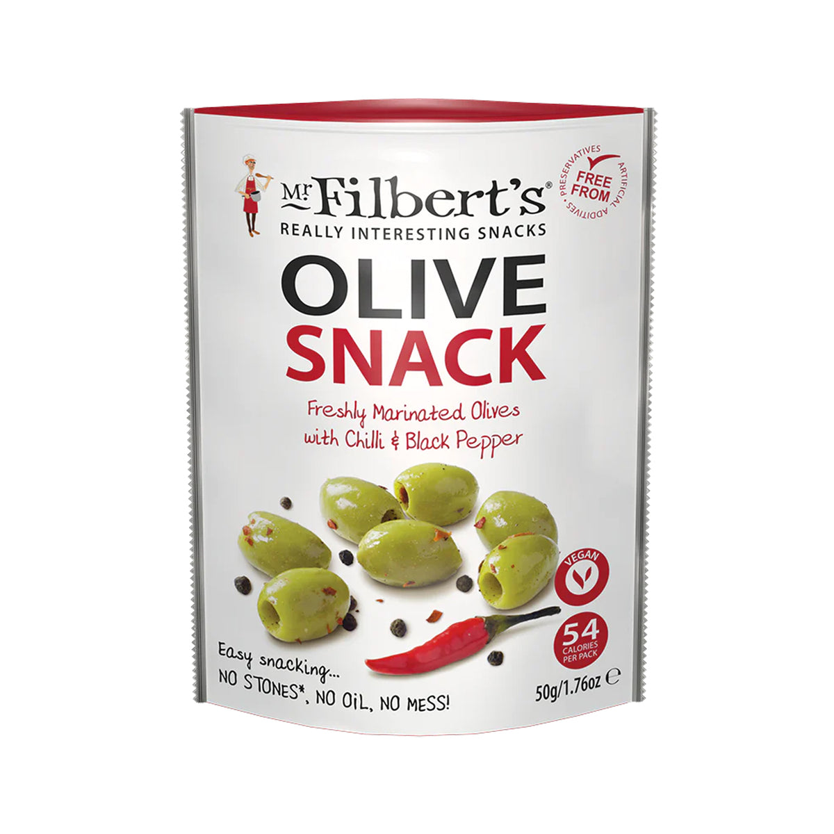 MR FILBERT'S GREEN OLIVES WITH CHILLI & BLACK PEPPER (50g) x 12