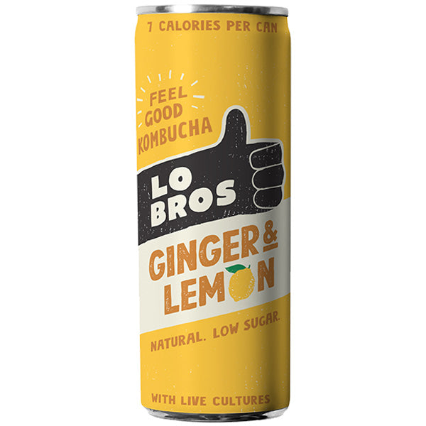 LO BROS LOW SUGAR GINGER AND LEMON KOMBUCHA CANS (250ml) x 12