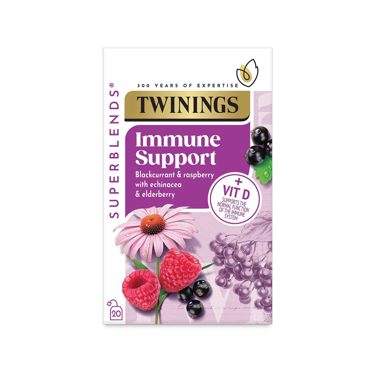 TWININGS SUPERBLENDS IMMUNE SUPPORT BLACKCURRENT & RASPBERRY TEA (20 bags)