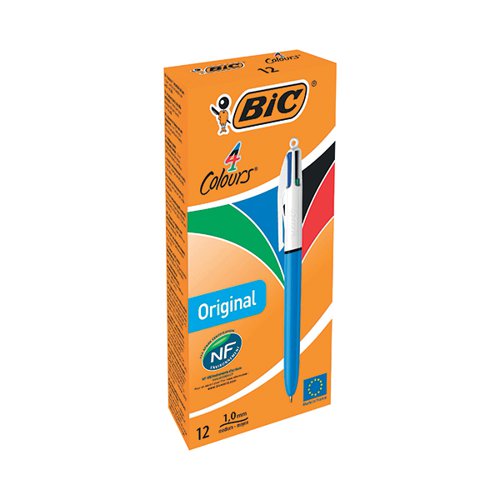 BIC 4 COLOURS RETRACTABLE BALLPOINT PEN BLUE/BLACK/RED/GREEN PACK OF 12 801867SGL