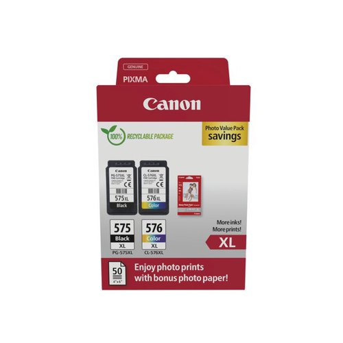 CANON PG-575XL/CL-576XL INK CARTRIDGES HIGH YIELD K/CMY + 4 X 6 IN PHOTO PAPER VALUE PACK 5437C006