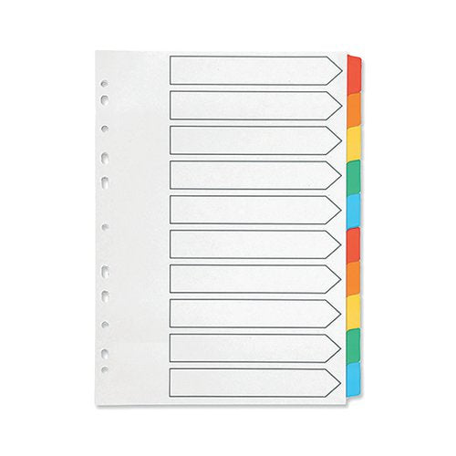 Q-CONNECT 10-PART INDEX MULTI-PUNCHED REINFORCED BOARD MULTI-COLOUR BLANK TABS A4 WHITE KF01526